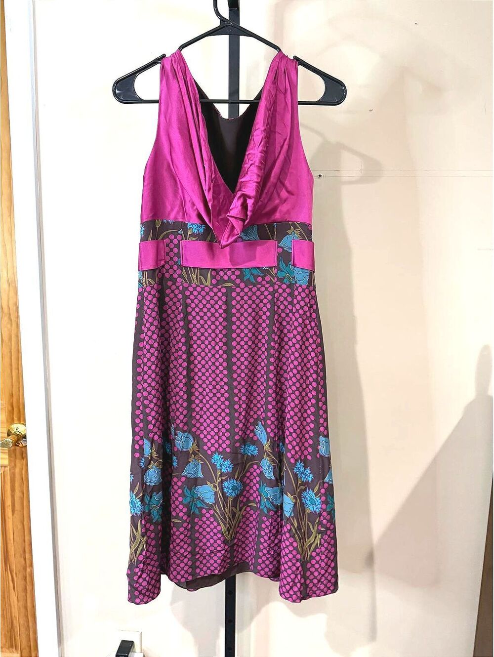 Kay Unger 8 Silk Sleeveless Purple and Pink Polka Dot Floral Dress Waist Tie